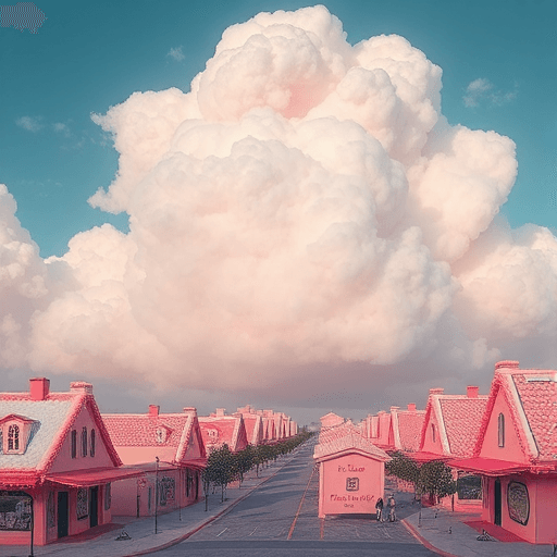 Candy town under giant cotton candy clouds