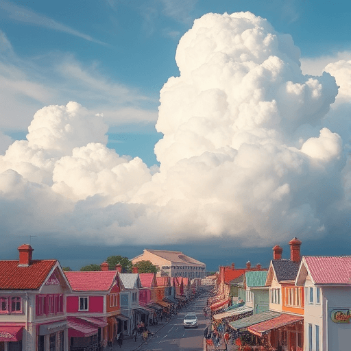 Candy town under giant cotton candy clouds