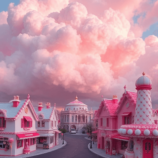 Candy town under giant cotton candy clouds