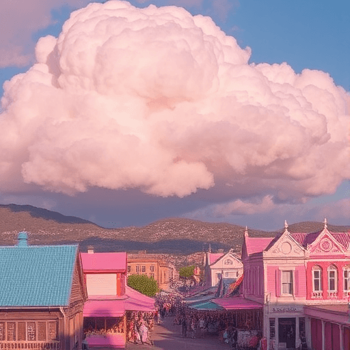 Candy town under giant cotton candy clouds