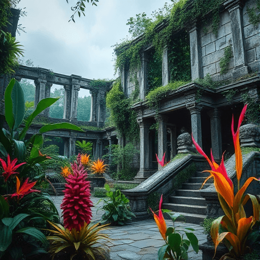 Ancient ruins overgrown with neon plants